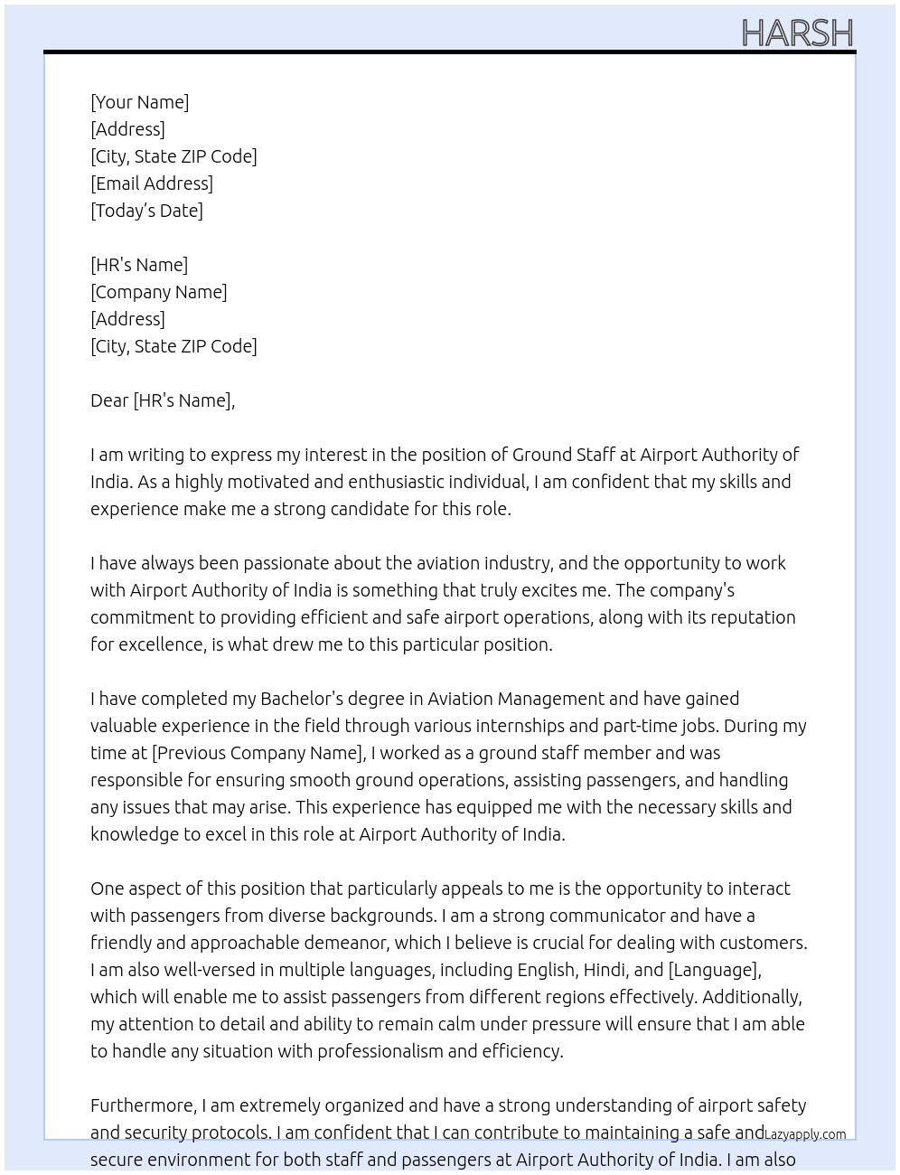 Ground staff At Airport authority of India Cover Letter