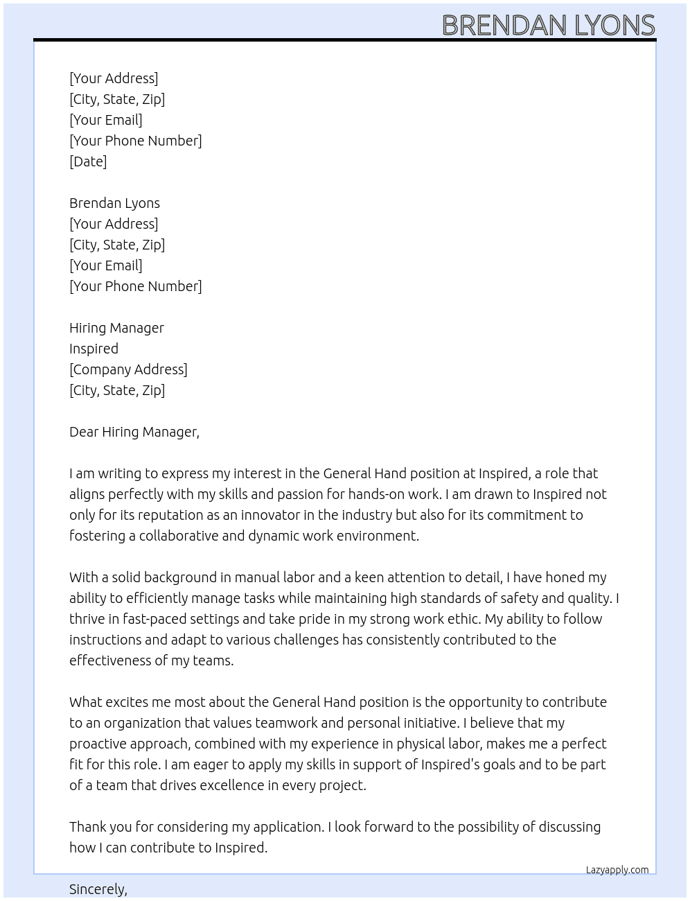 General Hand At Inspired Cover Letter