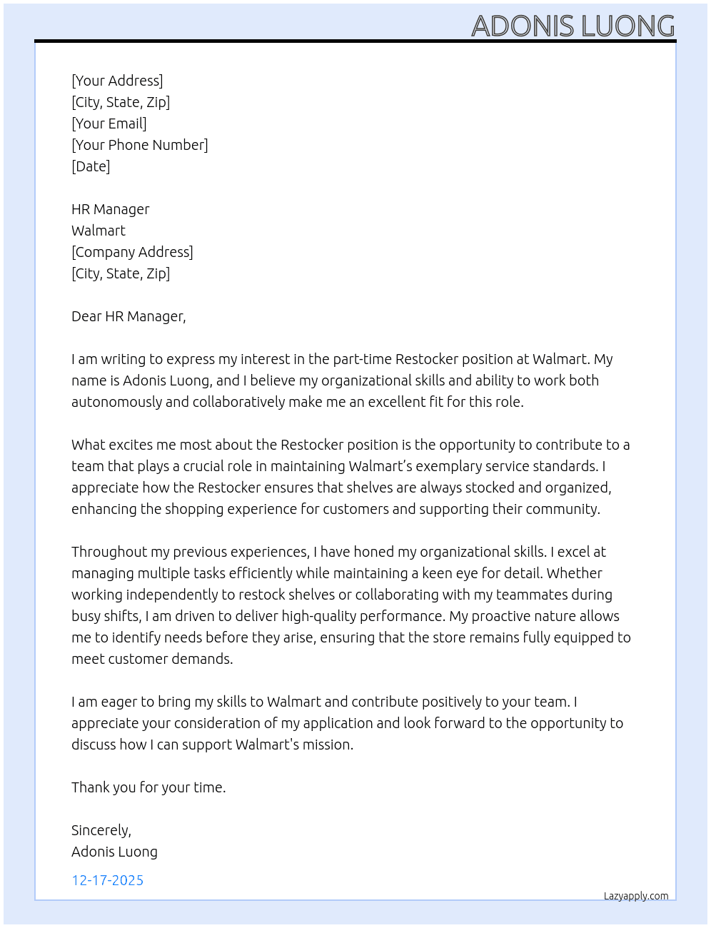 Restocker At Walmart Cover Letter