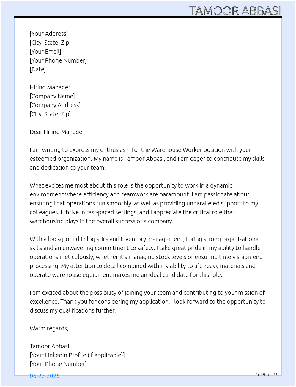 Warehouse Worker  At NA Cover Letter