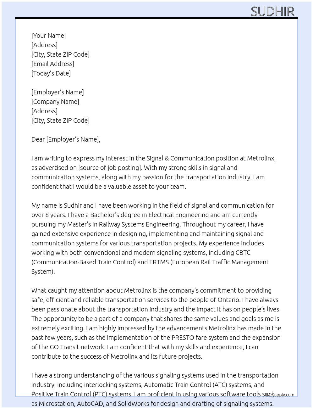 signal & communication  At Metrolinx Cover Letter