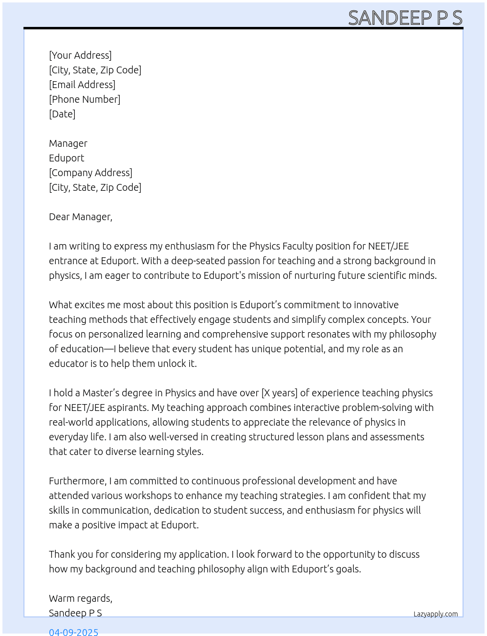 Physics faculty for NEET/JEE entrance  At Eduport Cover Letter