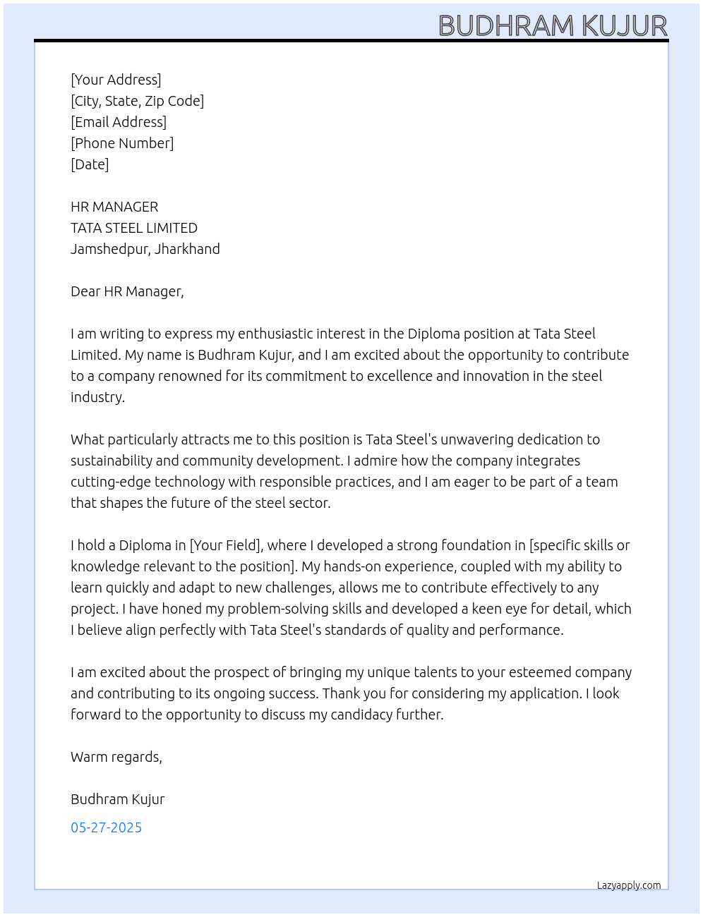 DIPLOMA At TATA STEEL LIMITED Cover Letter