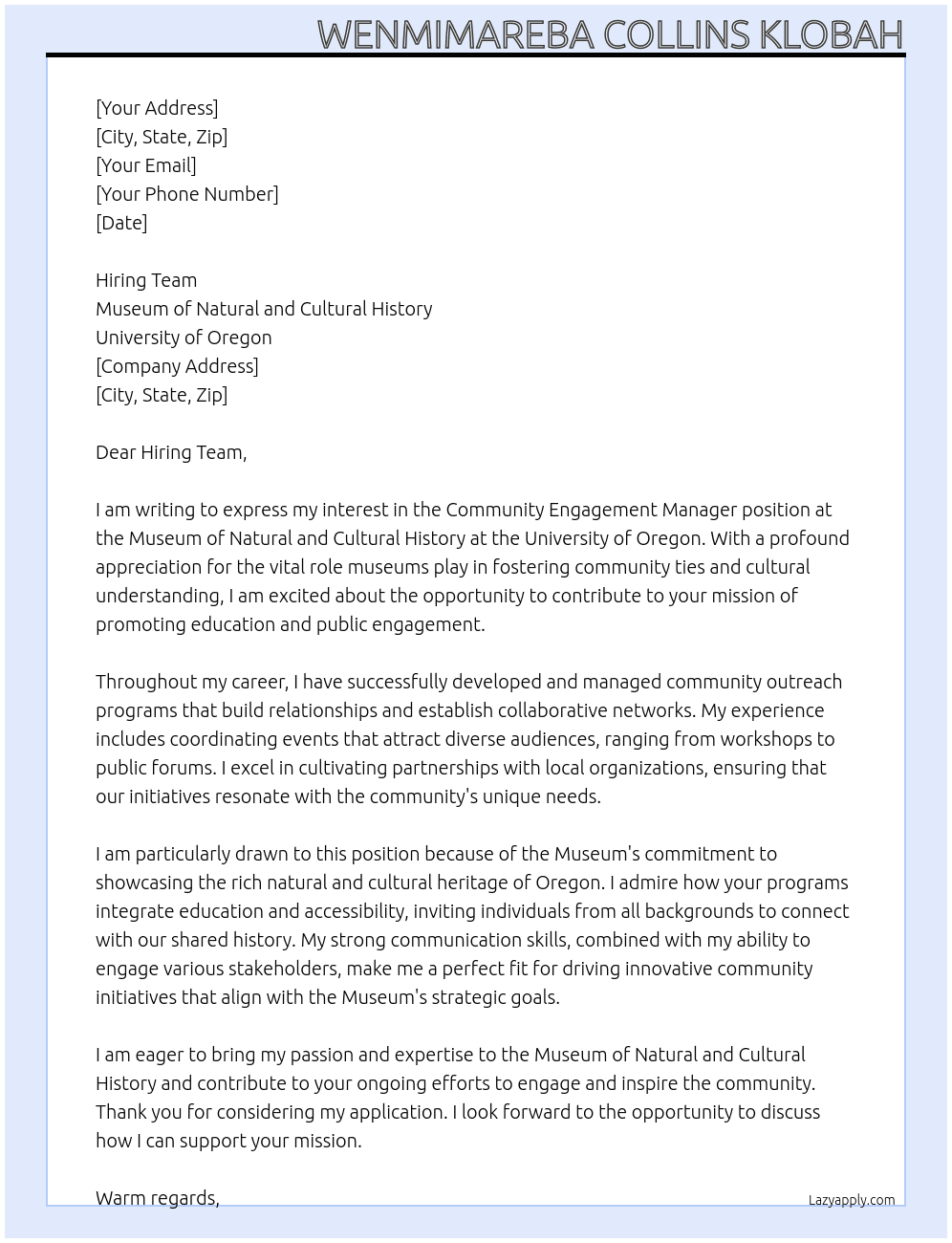 Cover letter for community engagement manager - LazyApply