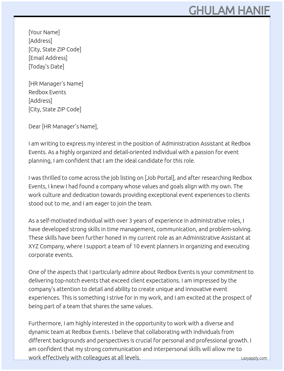 administration assistant At Redbox Events Cover Letter