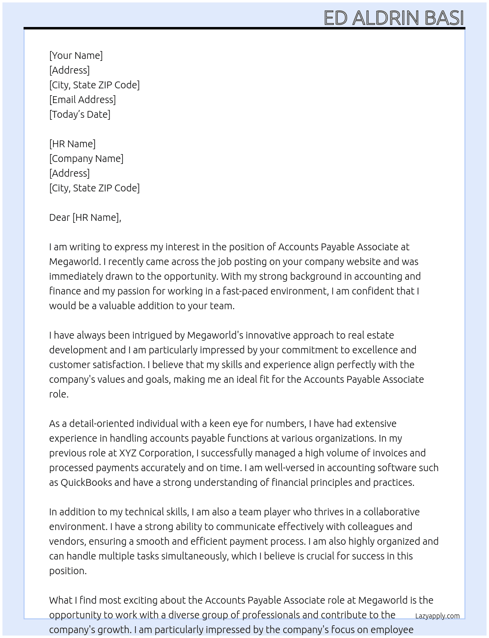 Accounts Payable Associate At Megaworld Cover Letter
