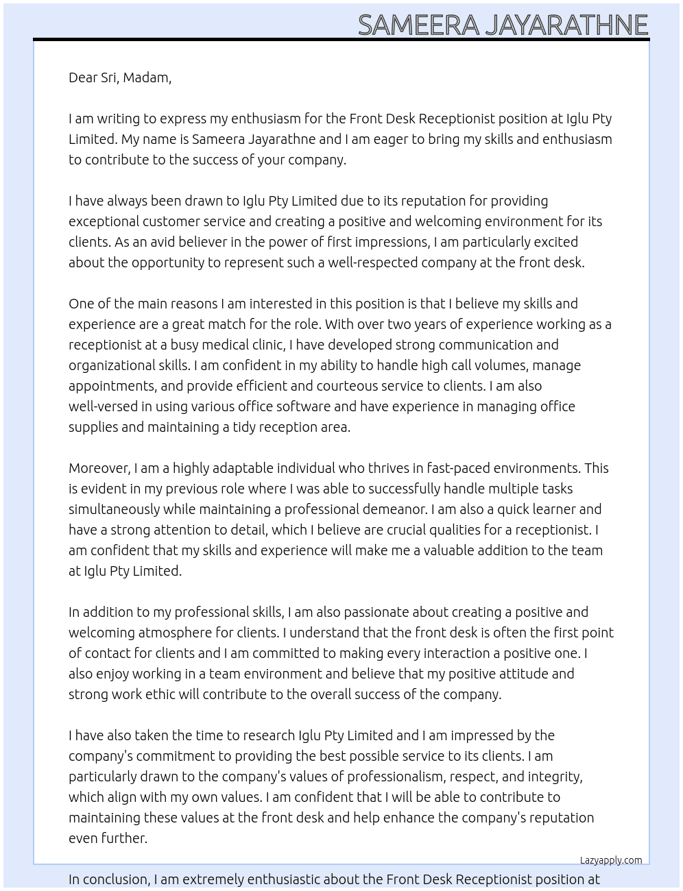 Front Desk Receptionist At Iglu Pty Limited Cover Letter