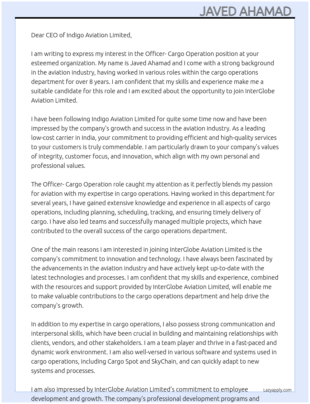 Cover letter for officer- cargo operation - LazyApply