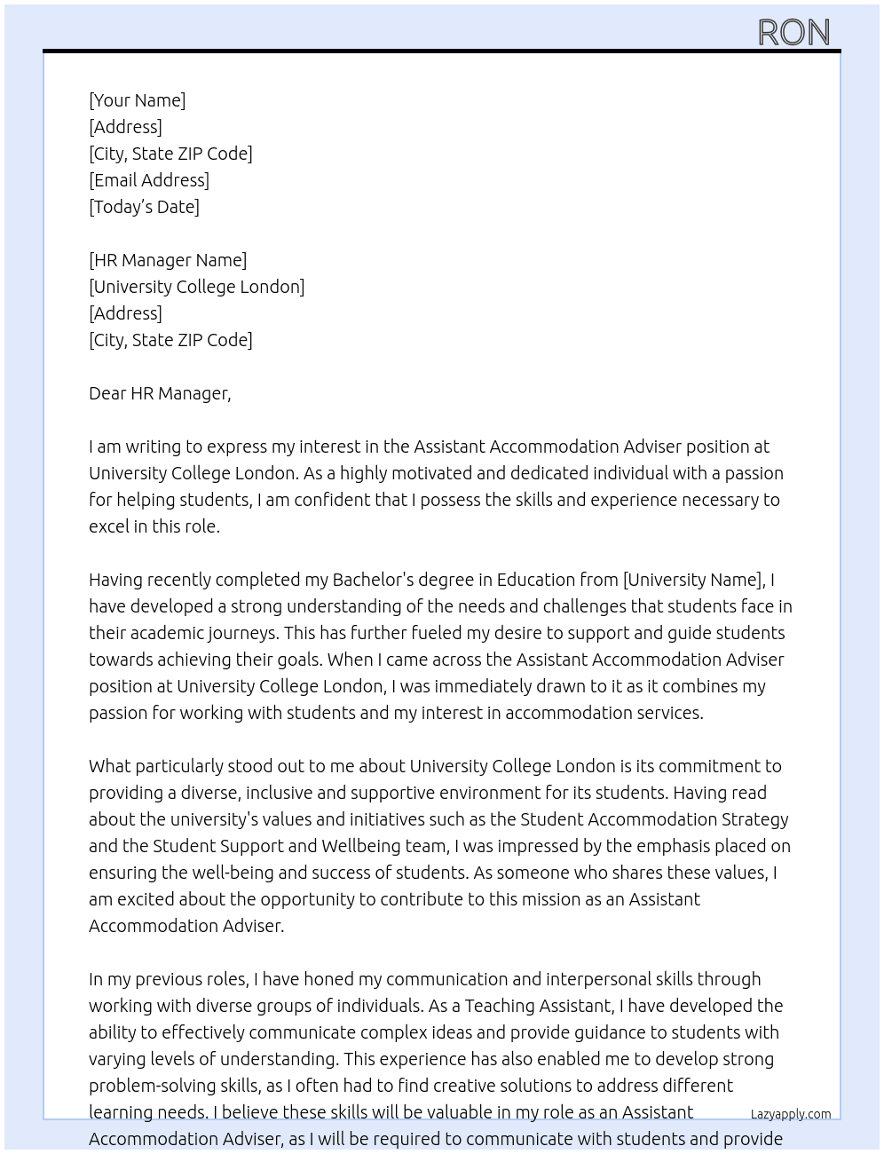 Cover letter for assistant accommodation adviser - LazyApply