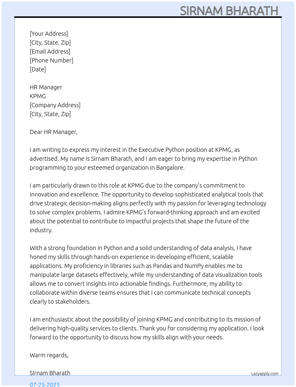 Cover letter for executive python - LazyApply