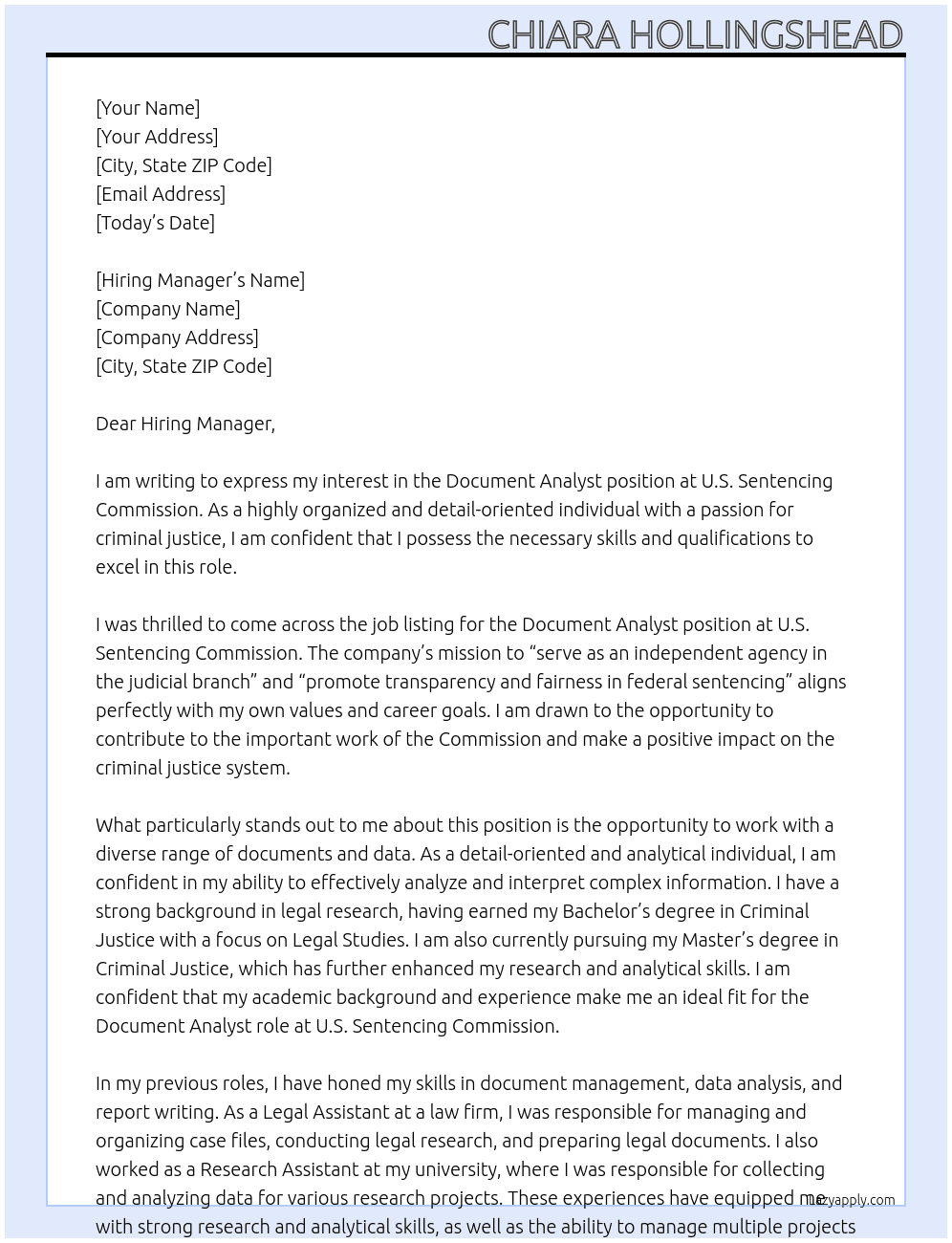 Document Analyst At U.S. Sentencing Commission Cover Letter