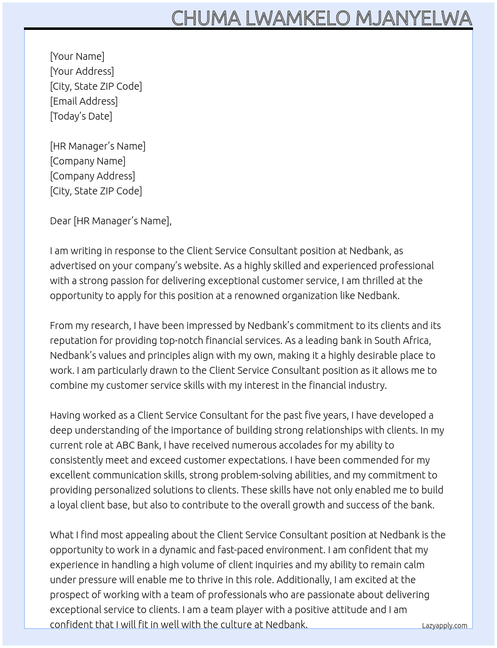 Cover letter for client service consultant - LazyApply