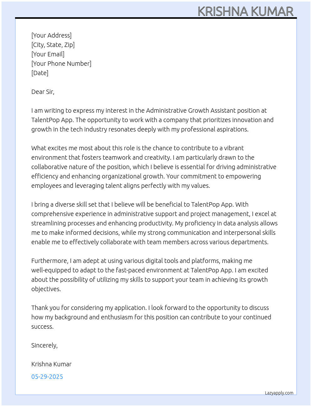 Administrative Growth Assistant  At TalentPop App Cover Letter