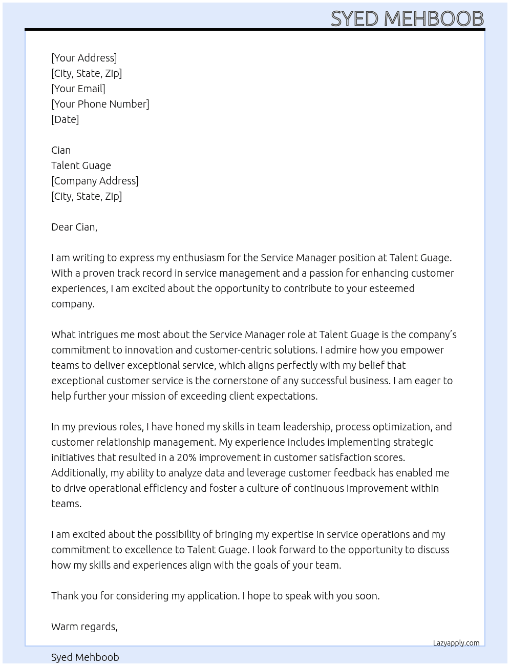 service manager At talent guage Cover Letter