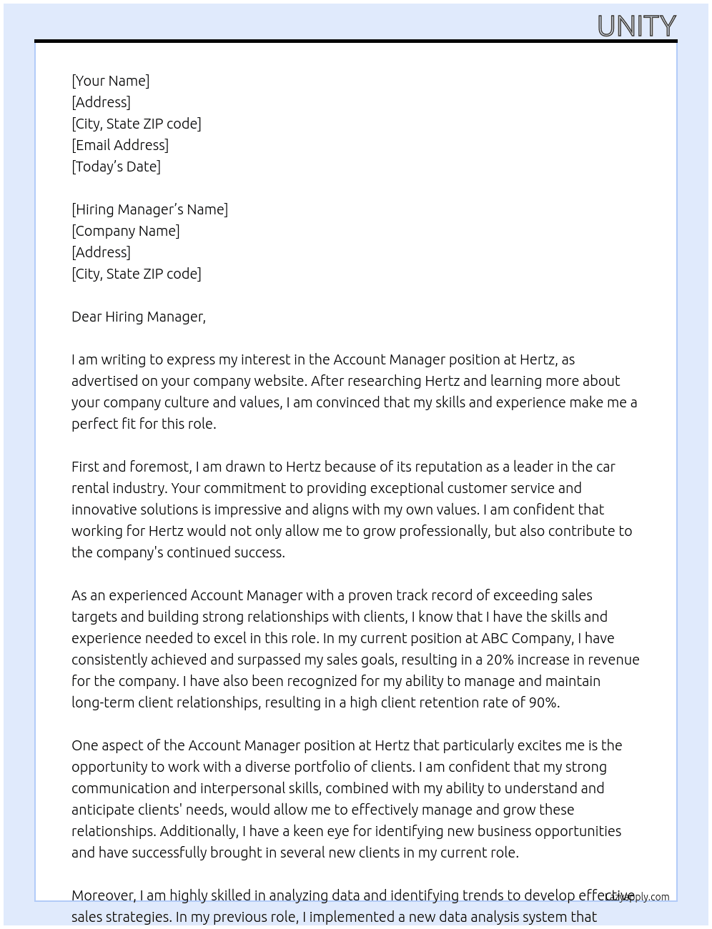 Account Manager At Hertz Cover Letter