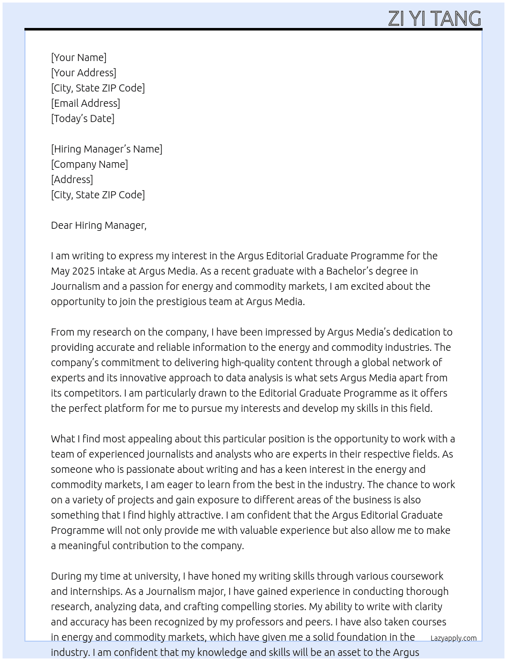 Argus Editorial Graduate Programme May 2025 Intake: At Argus Media Cover Letter