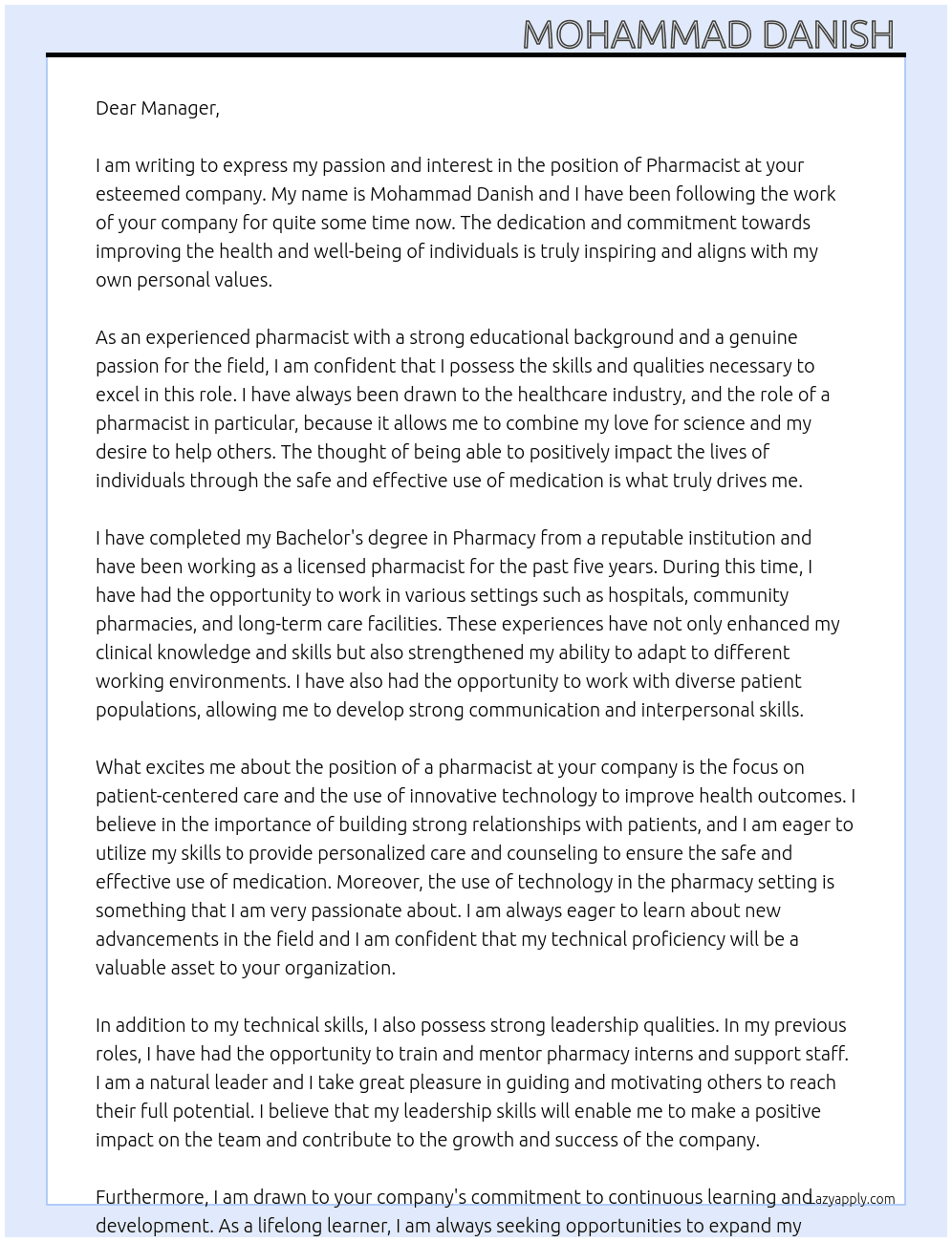 Pharmacist  At for any company Cover Letter