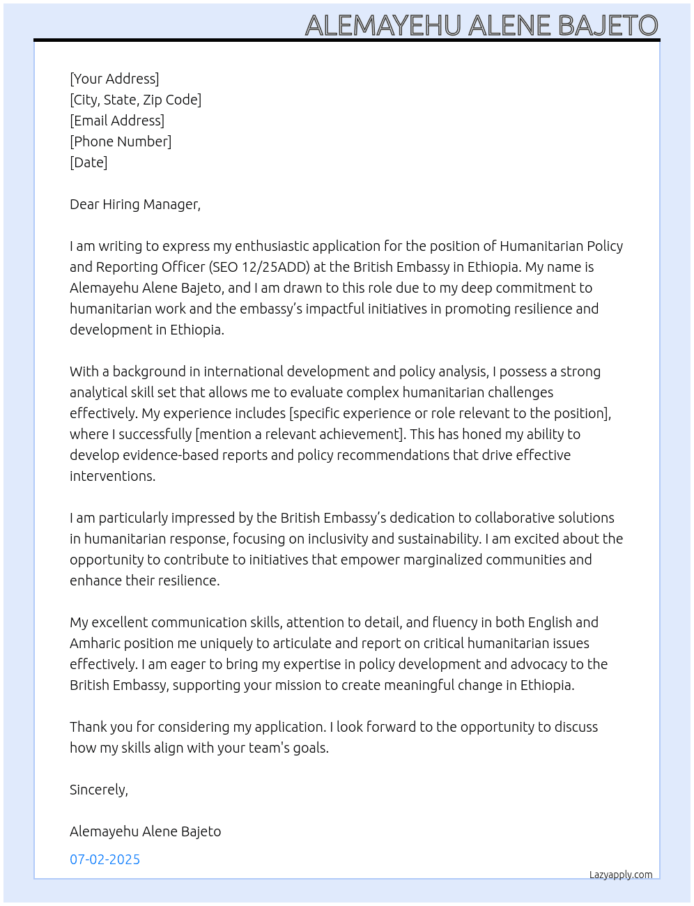 Humanitarian policy and reporting officer SEO(12/25ADD) At British Embassy in Ethiopia Cover Letter