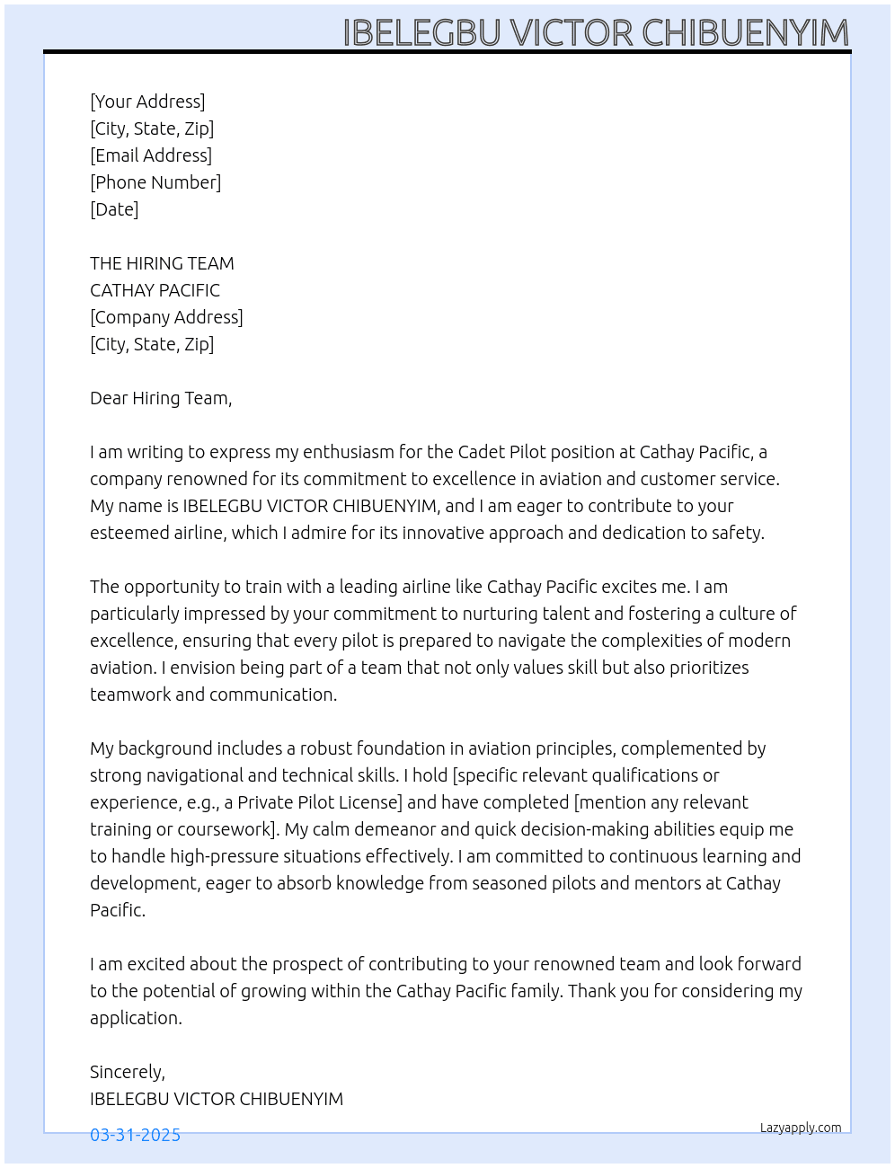 cadet pilot At CATHAY PACIFIC Cover Letter