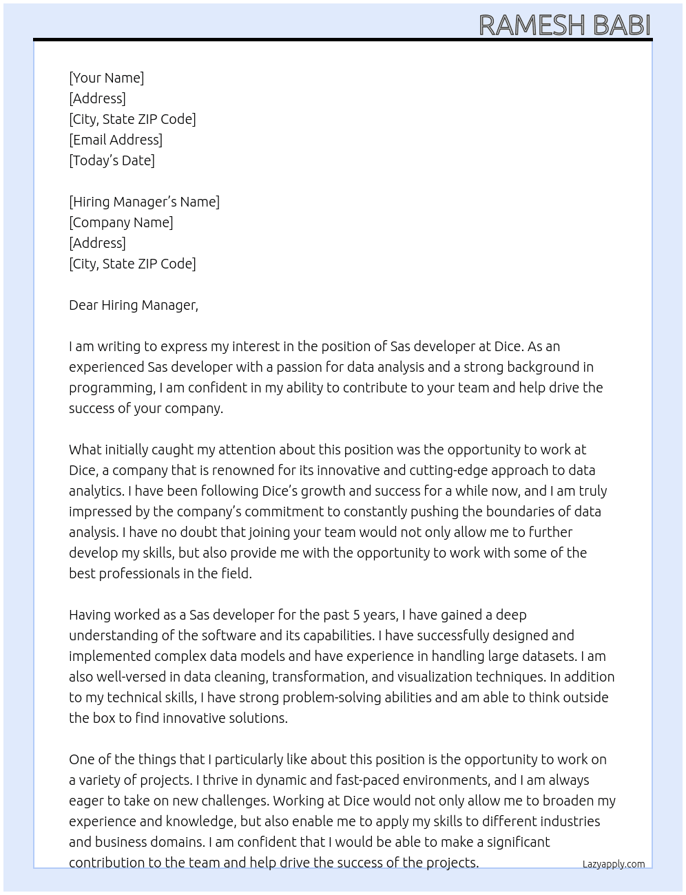 Sas developer At Dice Cover Letter