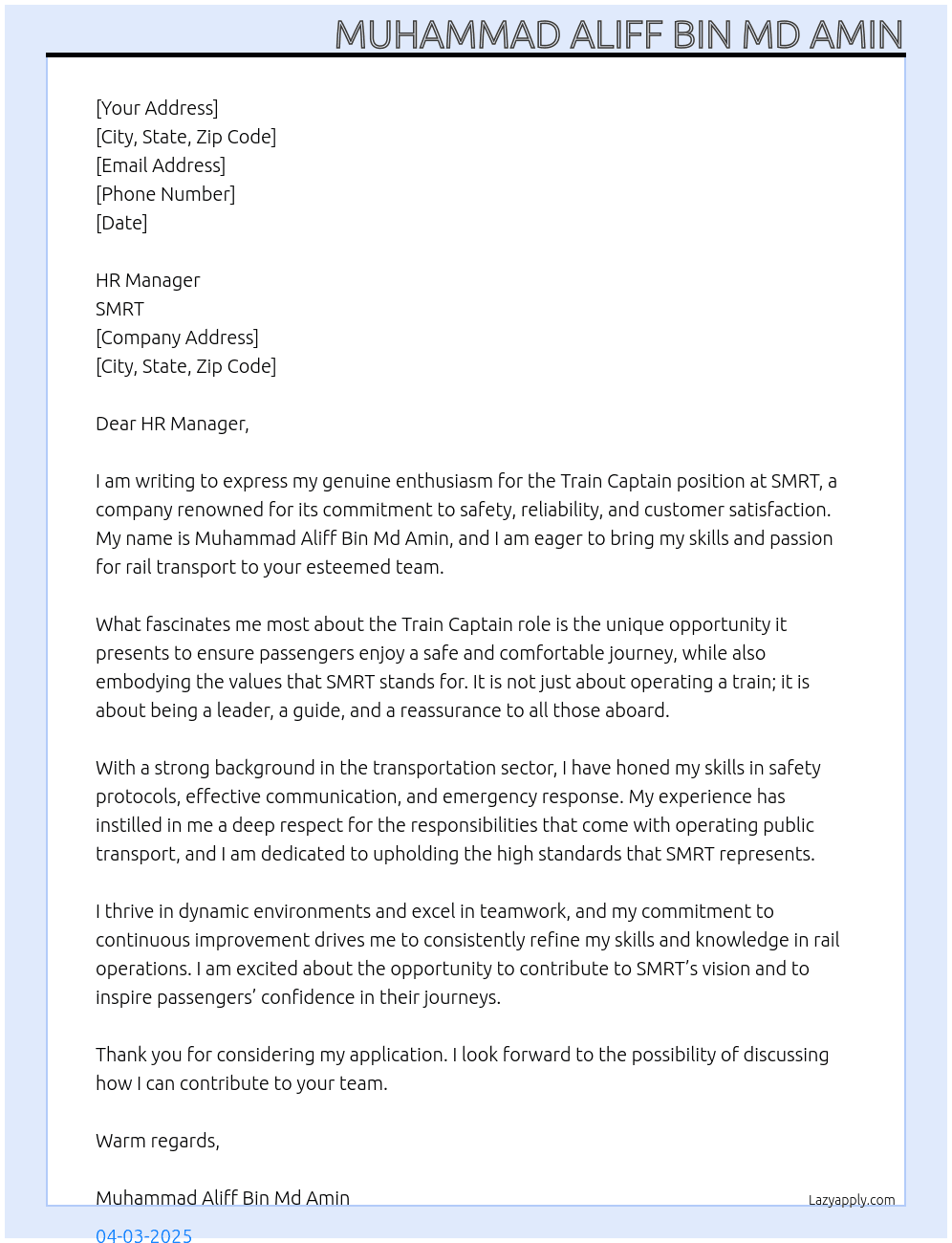 Cover letter for train captain - LazyApply