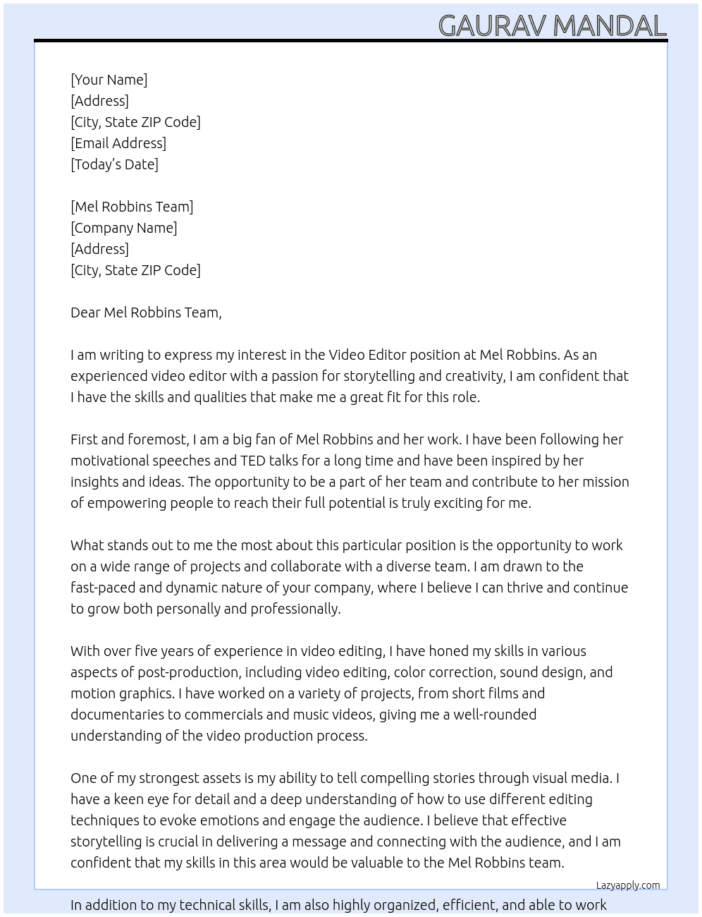 Video Editor At Mel Robbins Cover Letter