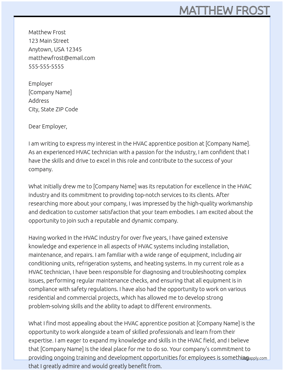 Cover letter for hvac apprentice - LazyApply