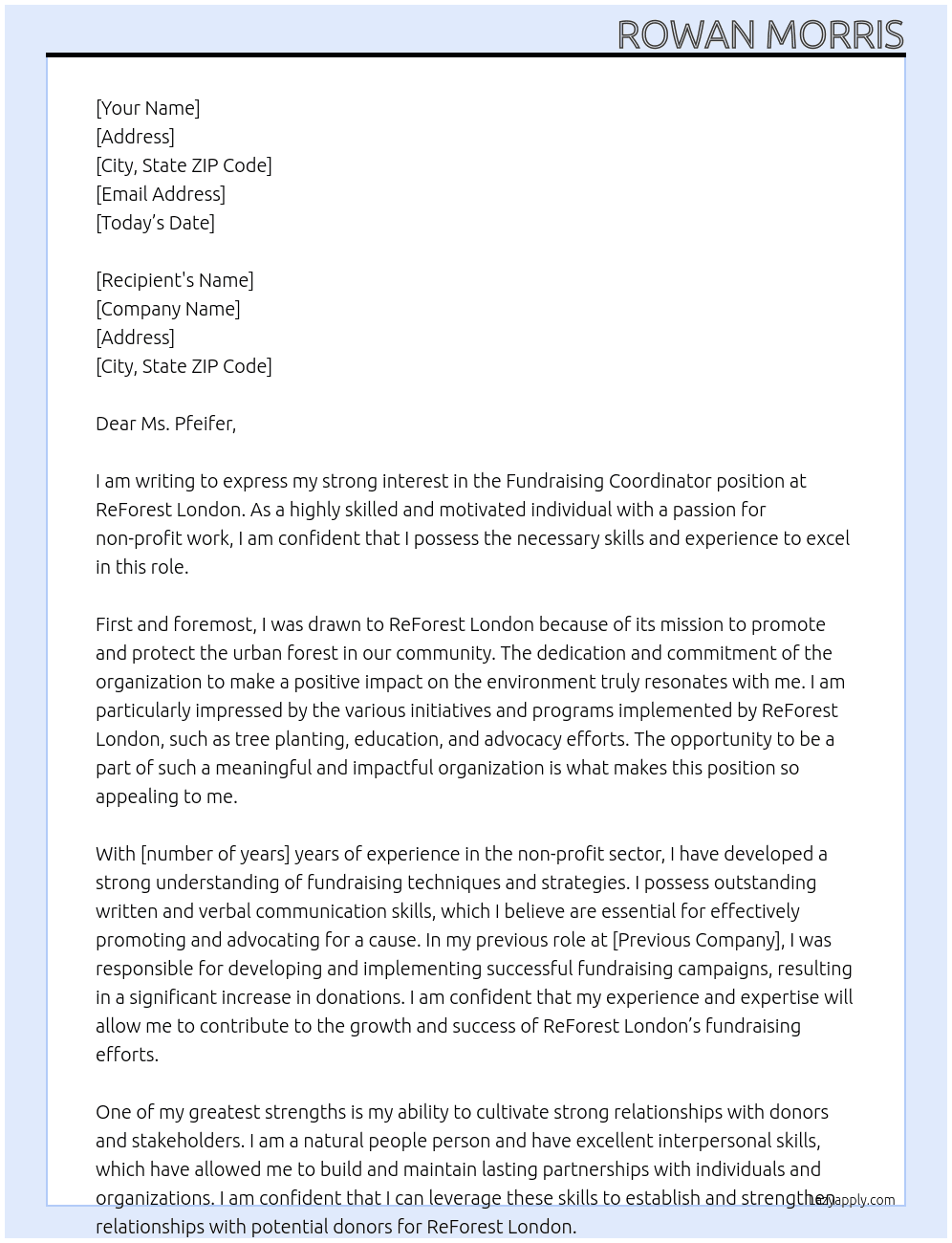 Fundraising Coordinator At ReForest London Cover Letter