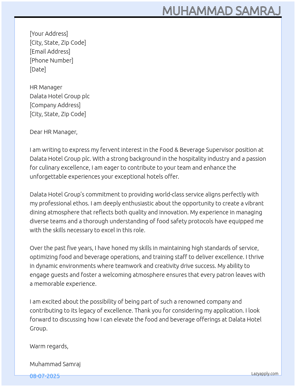 Cover letter for food & beverage supervisor - LazyApply