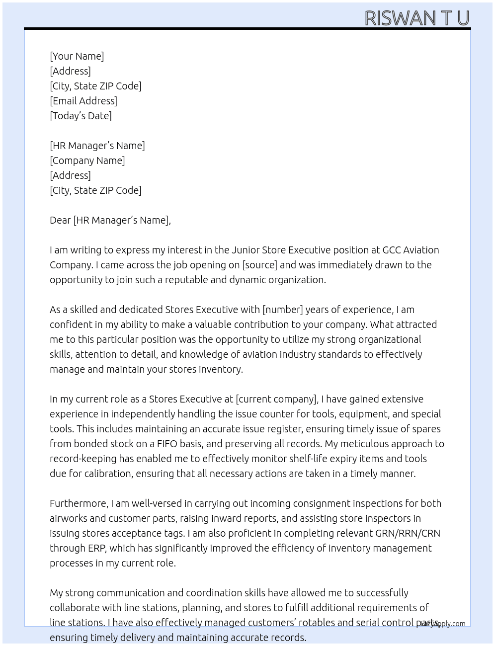 Junior Store Executive  At GCC Aviation Company  Cover Letter