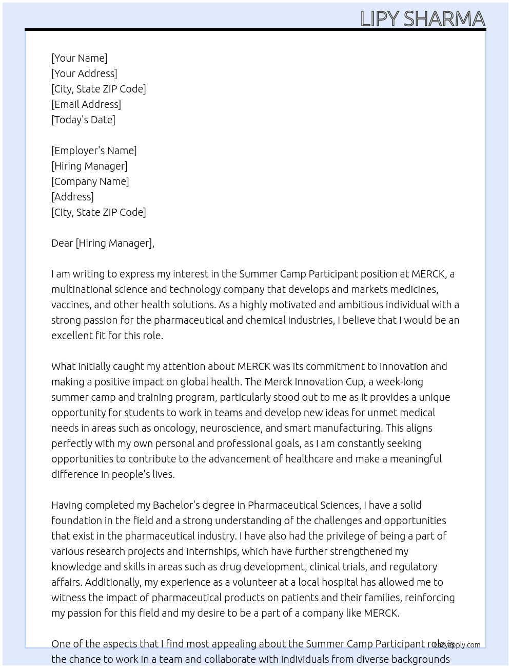 Cover letter for summer camp participant - LazyApply