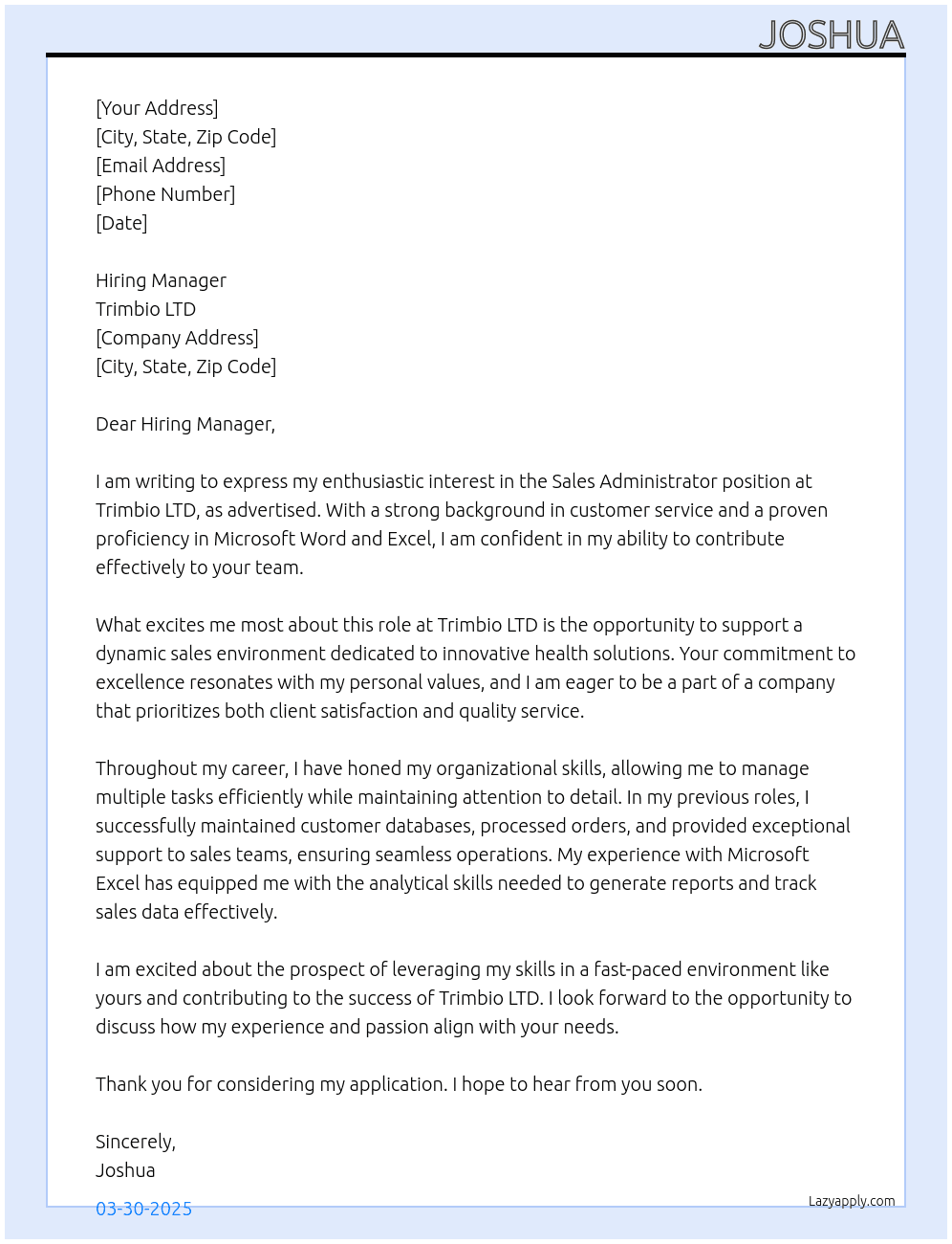 Sales administrator At Trimbio LTD Cover Letter
