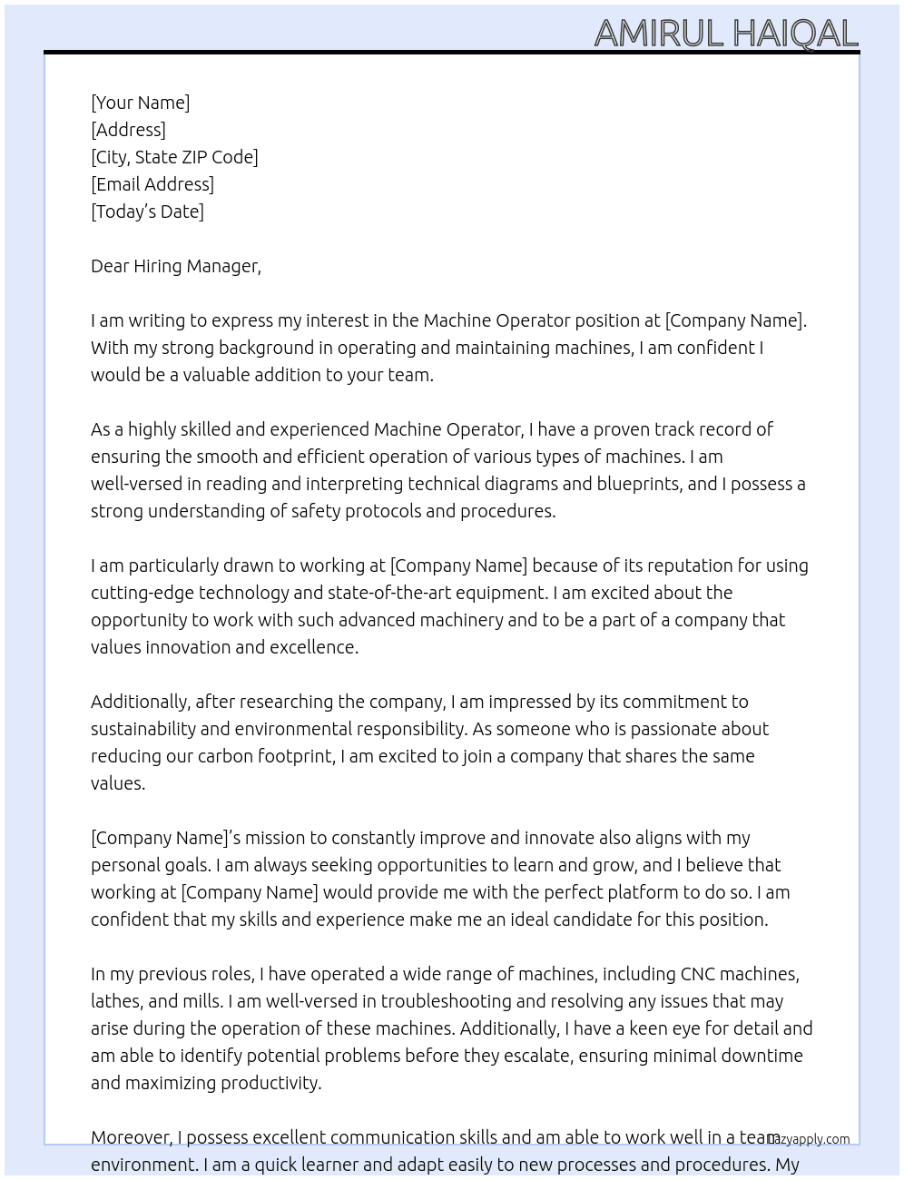 MACHINE OPERATOR  At AGENCY Cover Letter