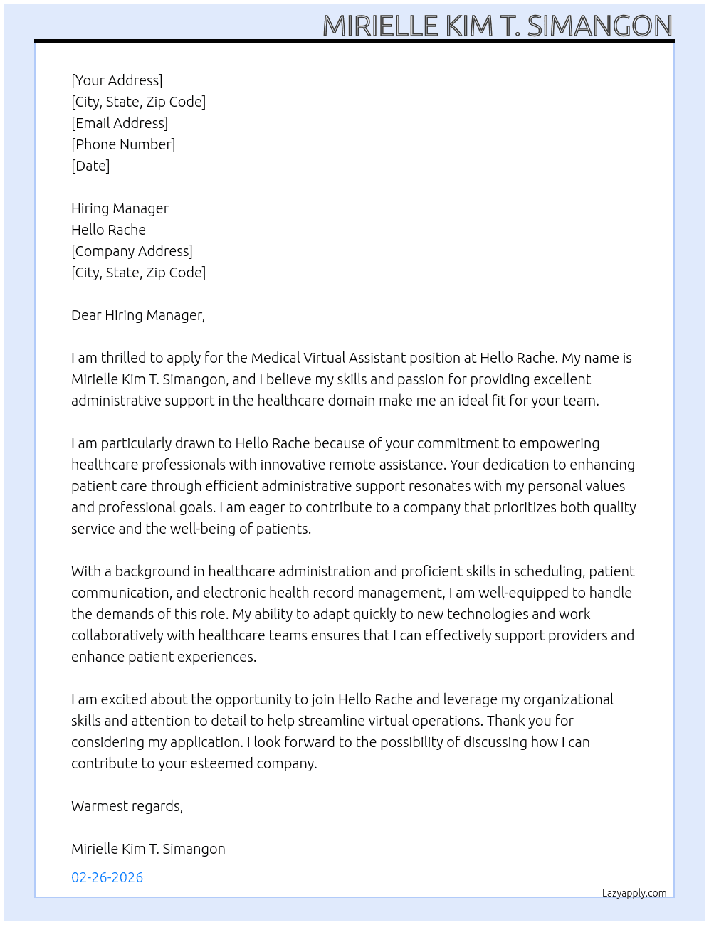 medical virtual assistant At hello rache Cover Letter