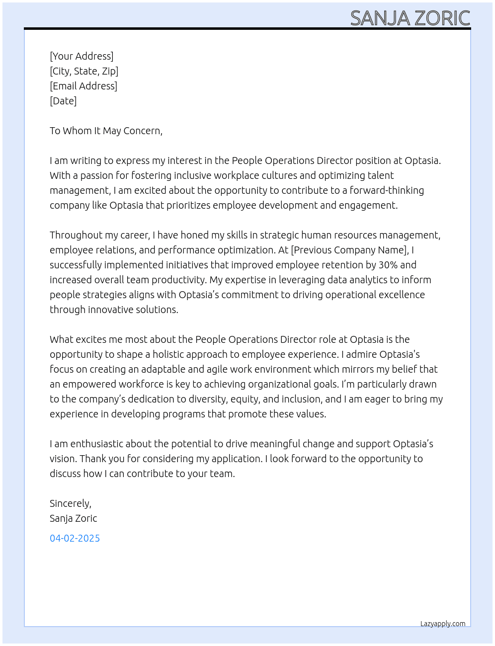 People Operations Director At Optasia Cover Letter