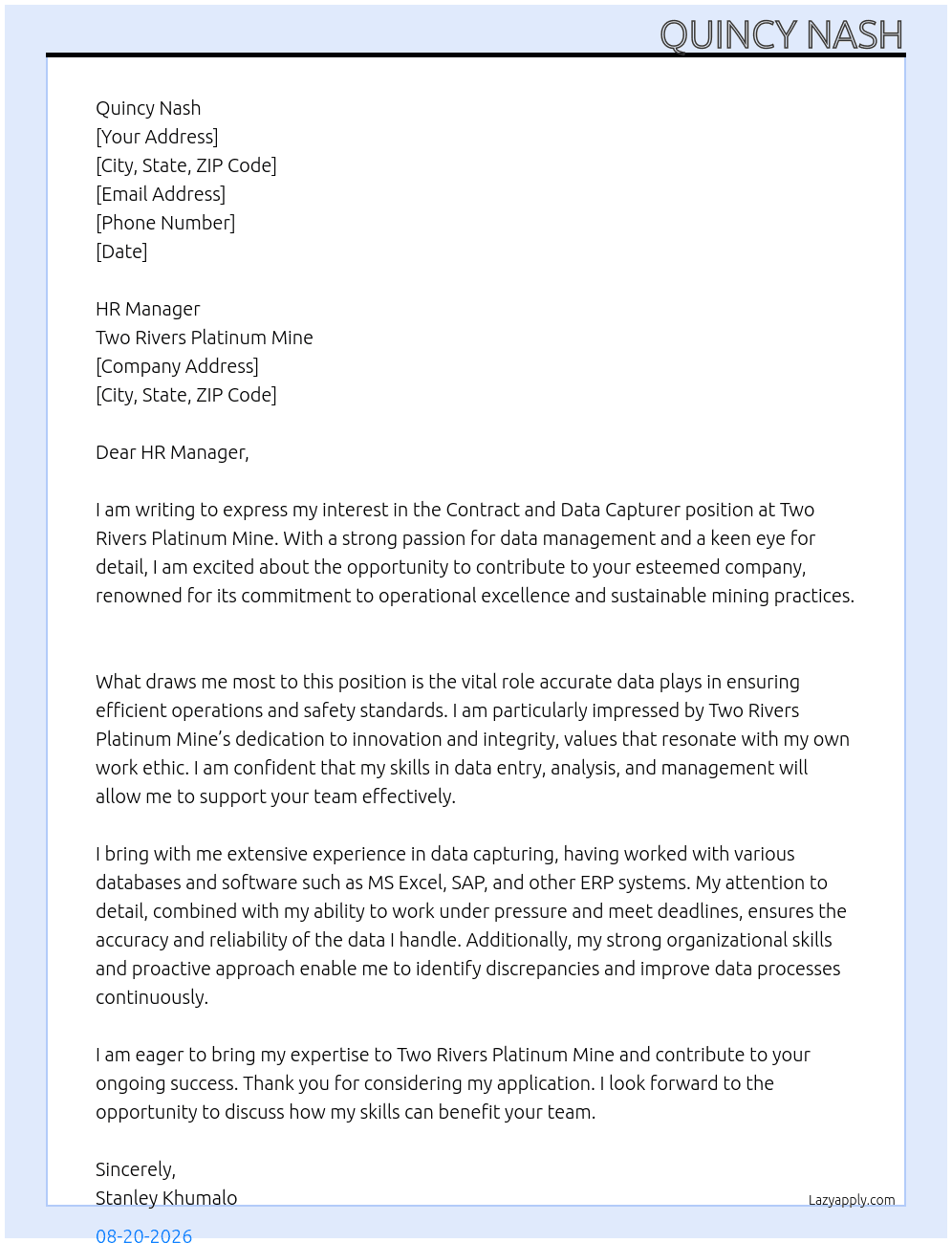 Cover letter for contract and data capturer - LazyApply