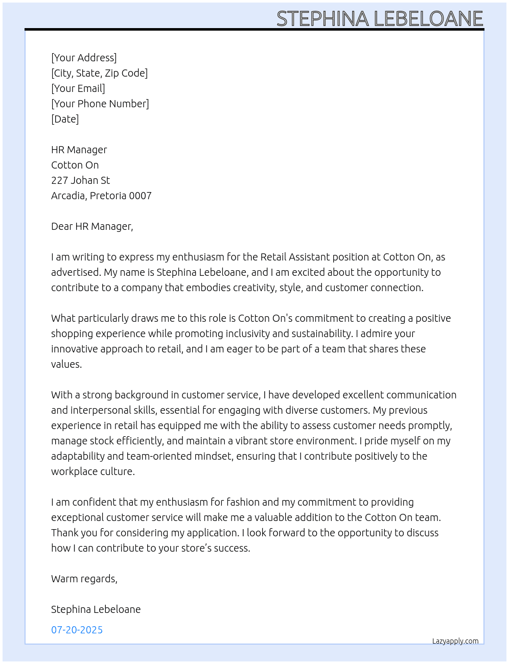 Retail Assistant At Cotton On Cover Letter