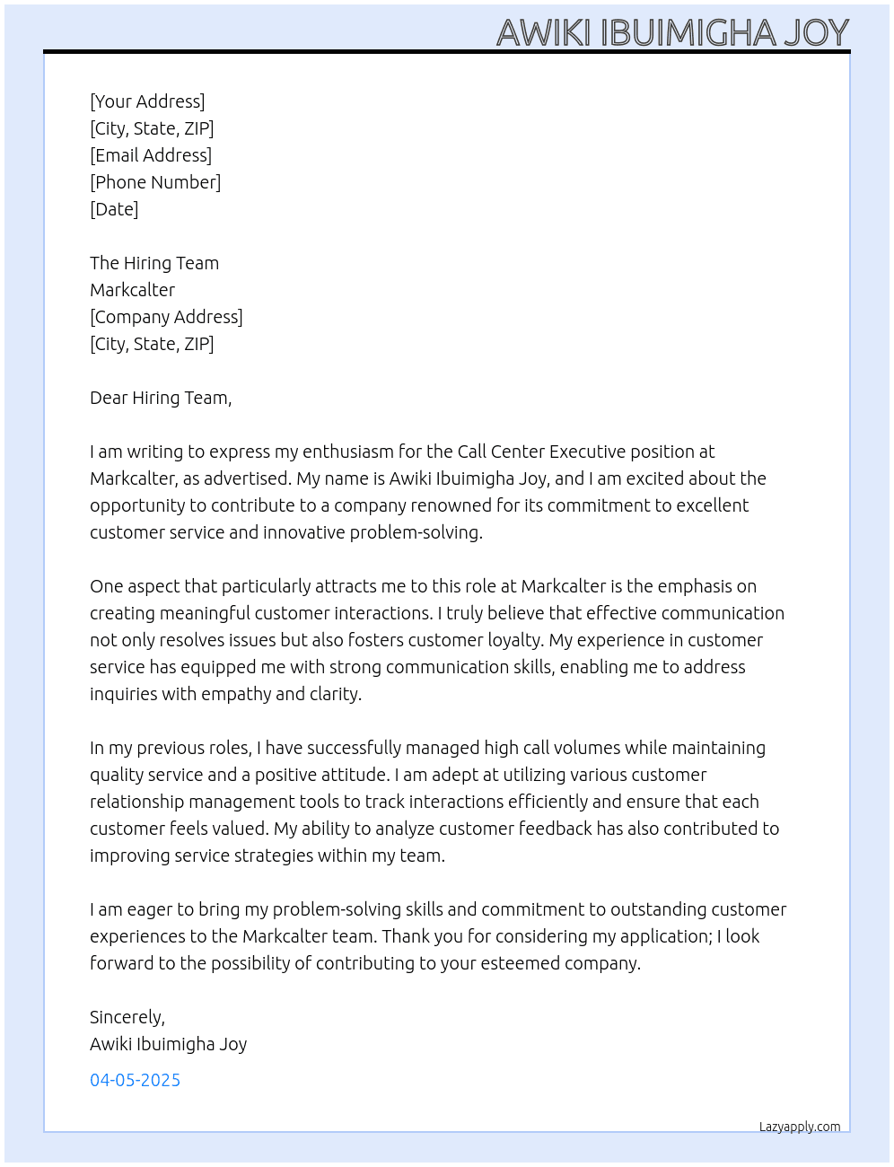 Call Center Executive  At Markcalter  Cover Letter