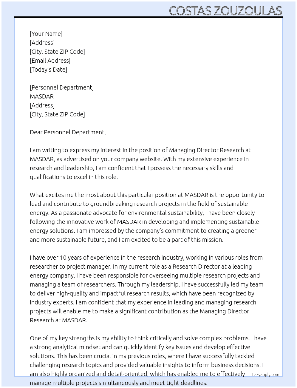 Managing Director Research At MASDAR Cover Letter