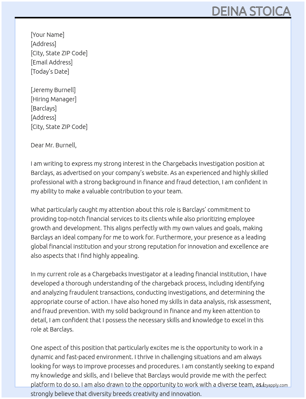 Chargebacks investigation At Barclays Cover Letter