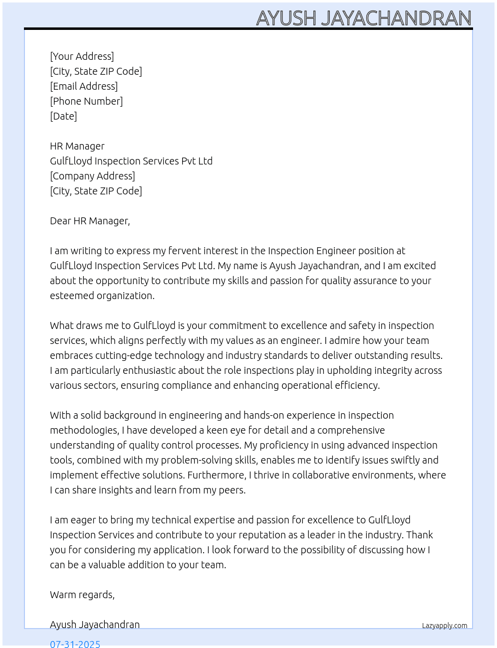 Inspection Engineer  At GulfLloyd Inspection Services Pvt Ltd  Cover Letter