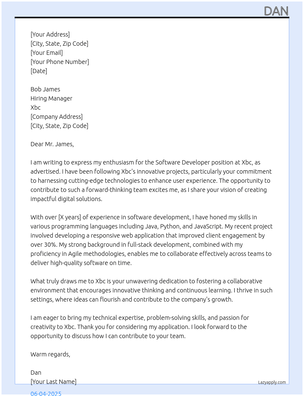 software developer  At Xbc Cover Letter