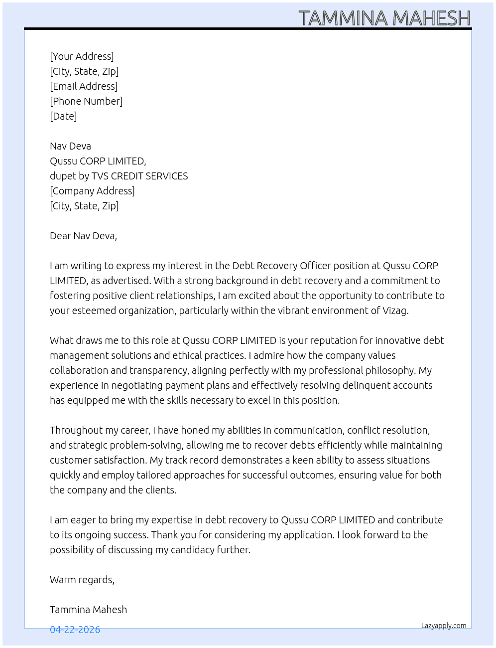 Debt recovery officer  At Qussu CORP LIMITED dupet by TVS CREDIT SERVICES  Cover Letter