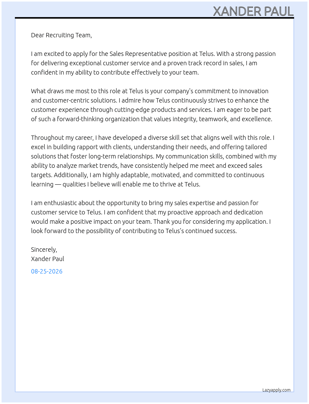 Cover letter for sales representative - LazyApply