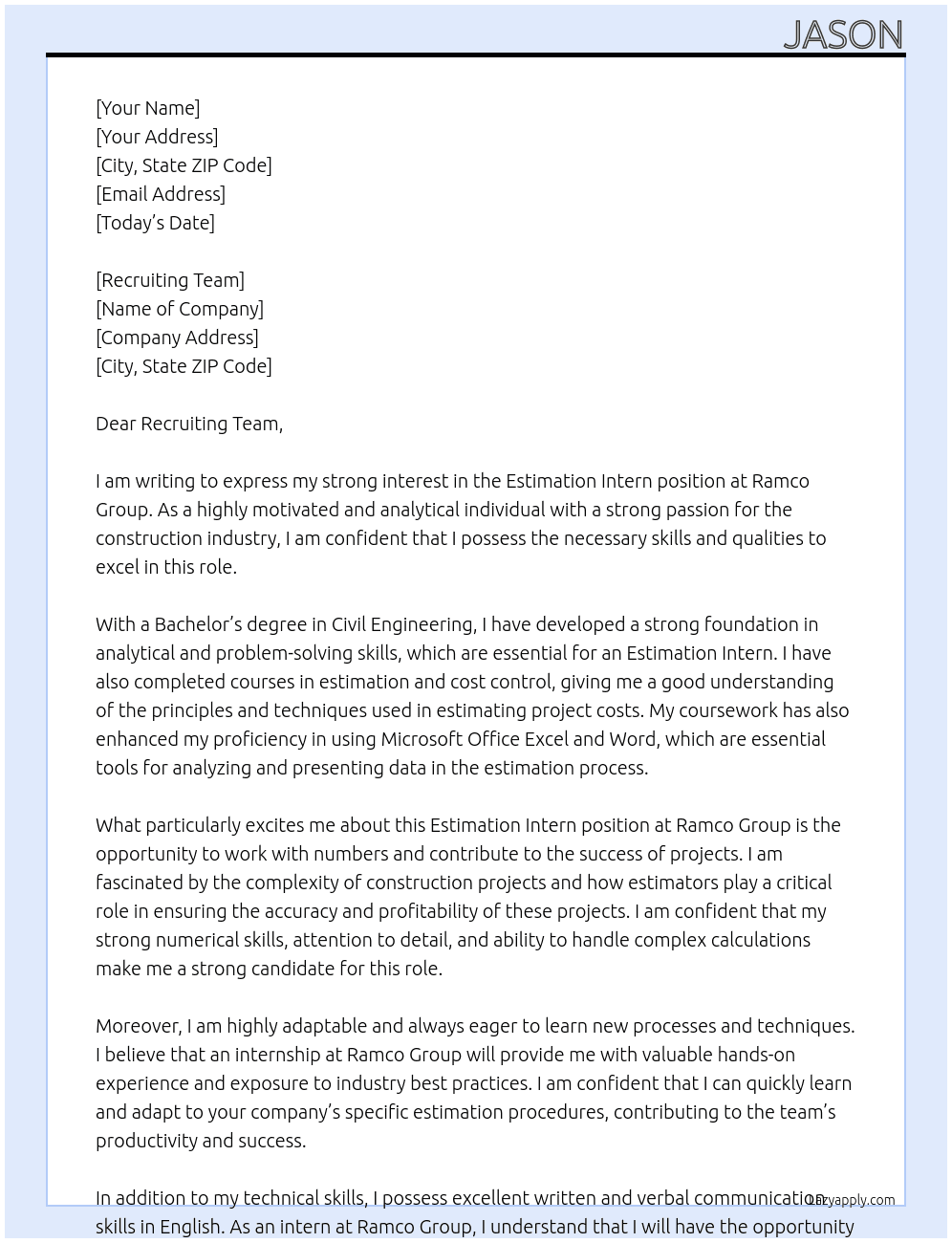 Cover letter for estimation intern - LazyApply