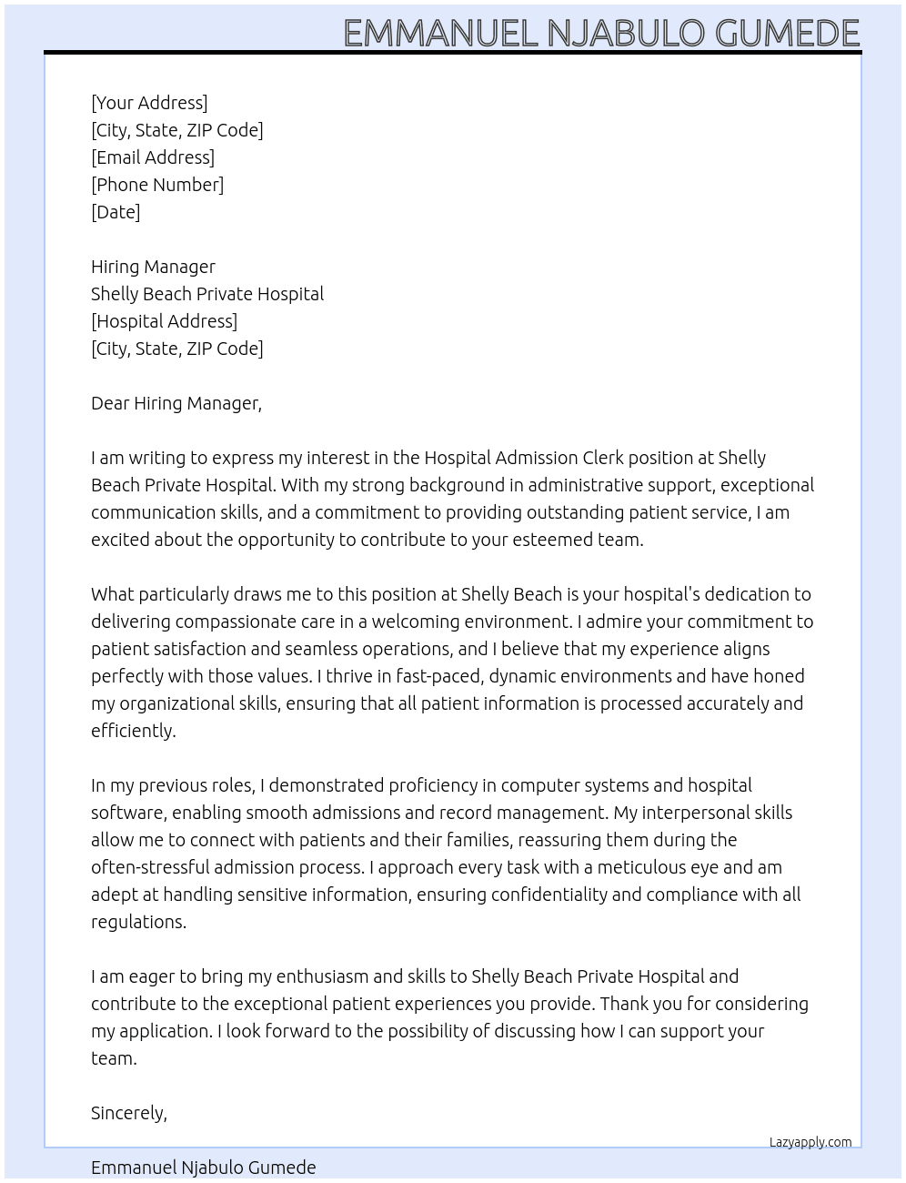hospital admission clerk At Shelly Beach Private Hospital Cover Letter