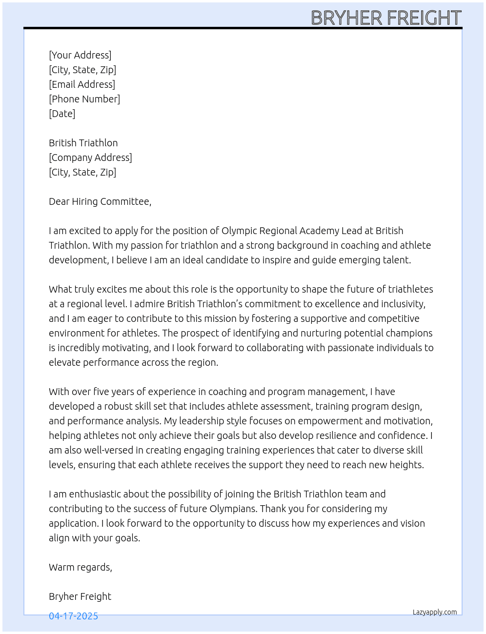 Olympic Regional Academy Lead At British Triathlon Cover Letter