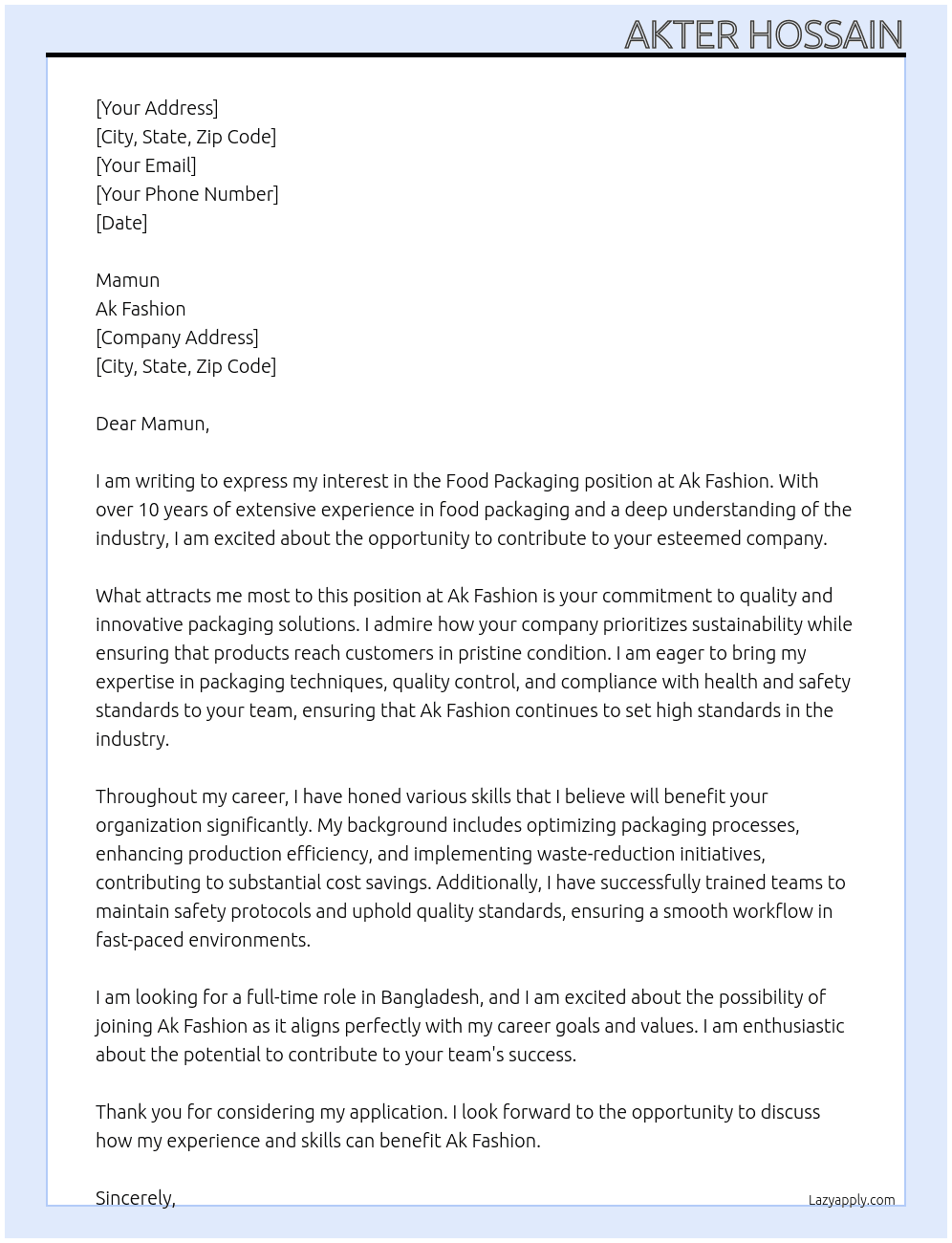 Foodpakeging At Ak fashion Cover Letter