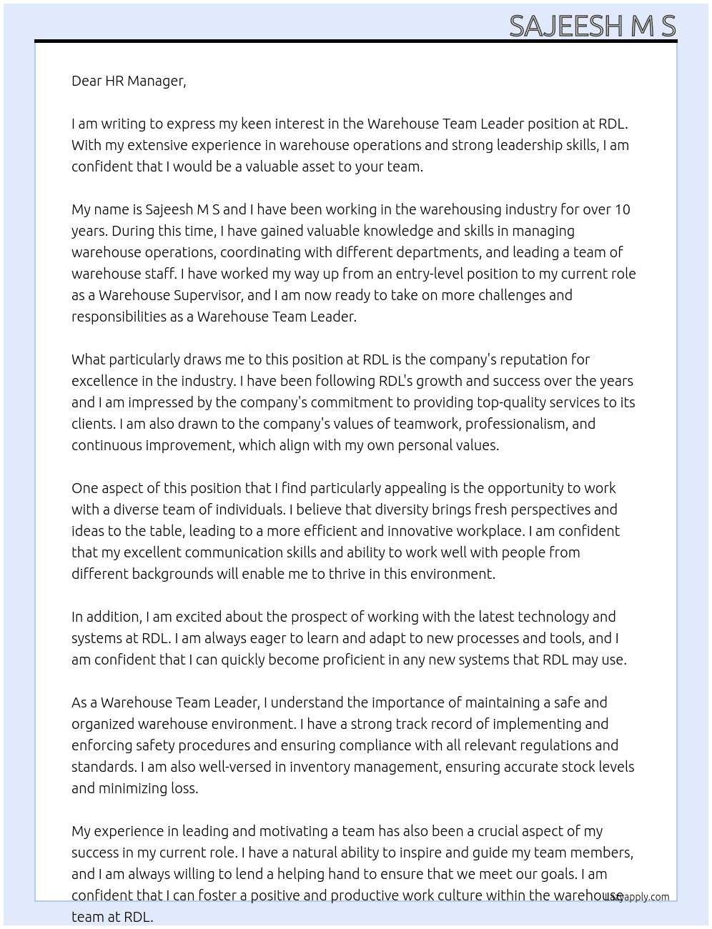 Warehouse Team Leader At RDL Cover Letter