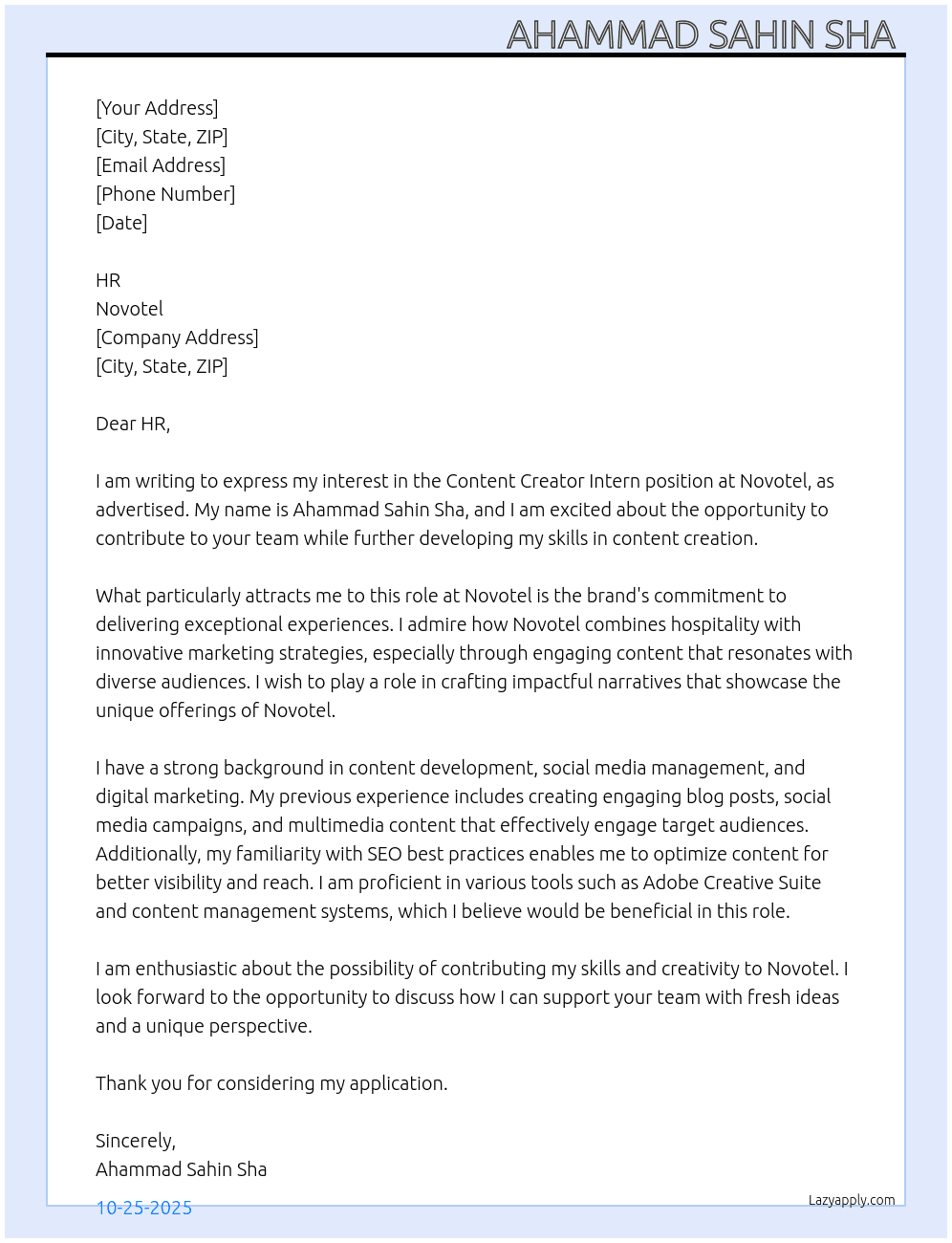 Cover letter for content creator intern - LazyApply